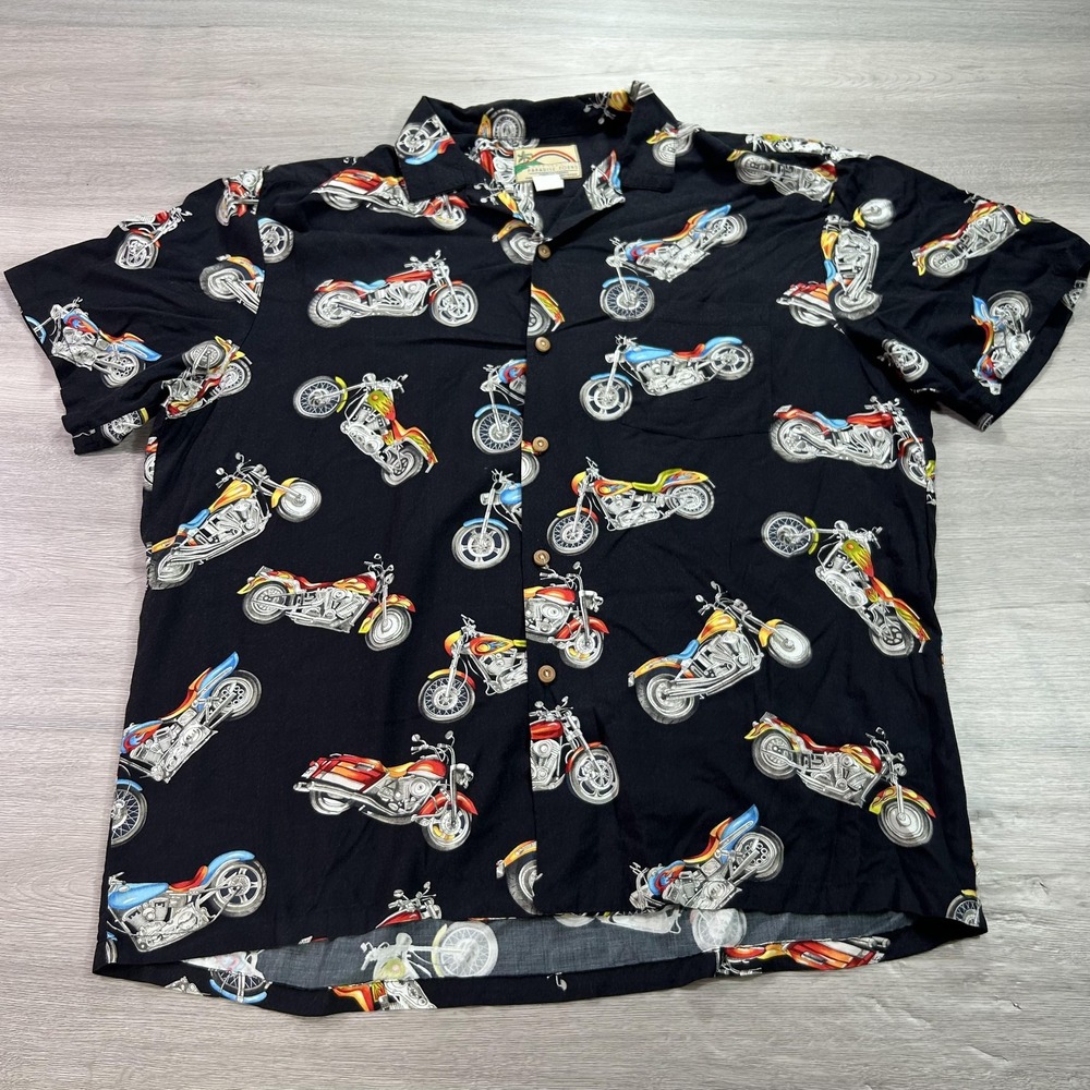 Paradise Found Hawaiian Shirt Mens XL Motorcycle Print Rayon Button Up Hawaii